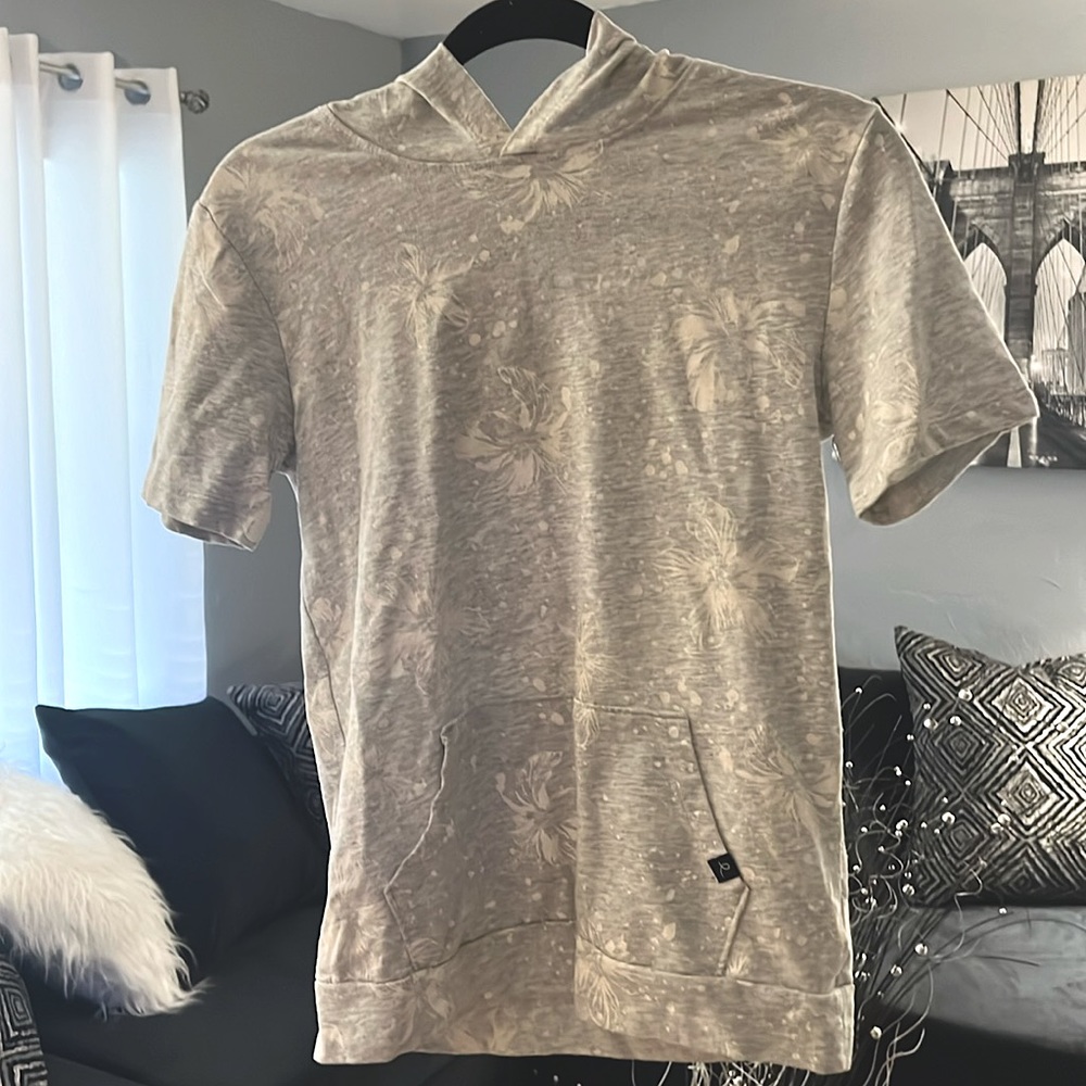 Shirt, light grey with white tropical flowers, size S-M and brand from target.